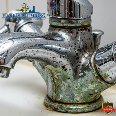 Corroded faucet showing signs of chlorine damage in a Barrie home