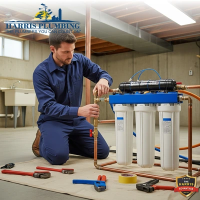 A plumber from Harris Plumbing, Wells & Drains installing a whole-home water filtration system in Barrie.