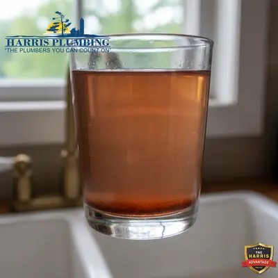 A glass of cloudy, reddish-brown water from a well